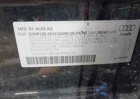 2008 Audi A4 2.0T из США, поврежденный, VIN WAUDF78E08A046102